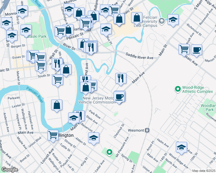 map of restaurants, bars, coffee shops, grocery stores, and more near 421 Main Avenue in Wallington