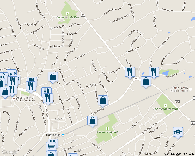 map of restaurants, bars, coffee shops, grocery stores, and more near 39 Monaton Dr in Huntington Station