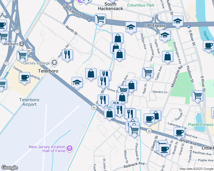 map of restaurants, bars, coffee shops, grocery stores, and more near 582 Huyler Street in South Hackensack