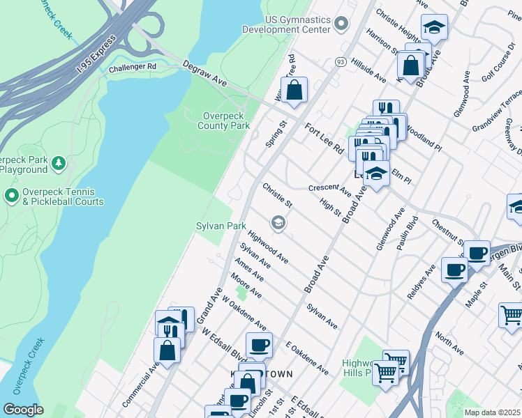 map of restaurants, bars, coffee shops, grocery stores, and more near 117 Park Avenue in Leonia