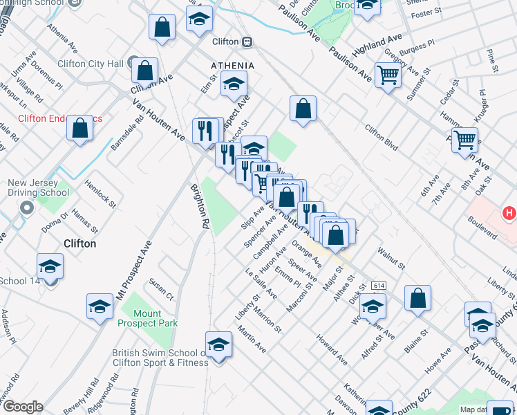 map of restaurants, bars, coffee shops, grocery stores, and more near 15 Sipp Avenue in Clifton