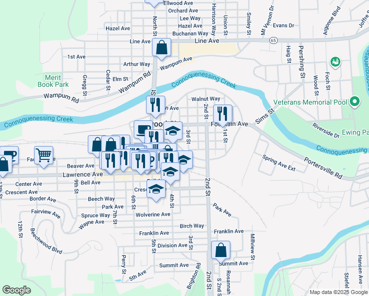 map of restaurants, bars, coffee shops, grocery stores, and more near 355 Pittsburgh Circle in Ellwood City