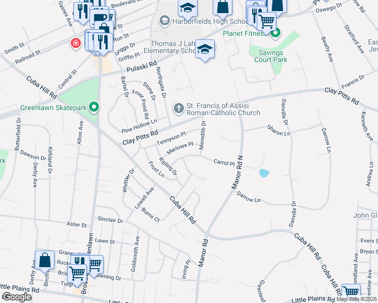 map of restaurants, bars, coffee shops, grocery stores, and more near 7 Carrol Place in Greenlawn