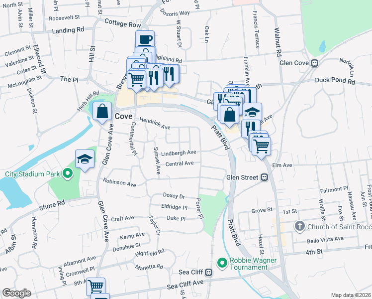 map of restaurants, bars, coffee shops, grocery stores, and more near 13 Lindbergh Ave in Glen Cove