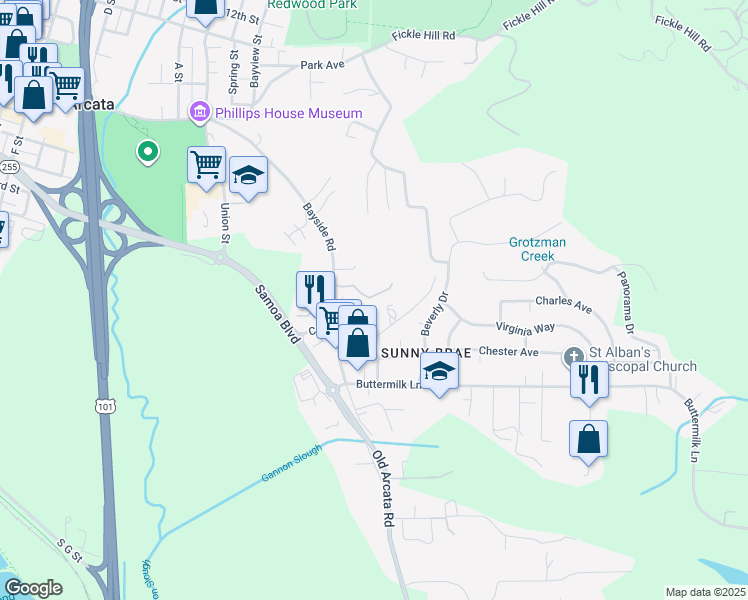 map of restaurants, bars, coffee shops, grocery stores, and more near 730 Bayside Road in Arcata