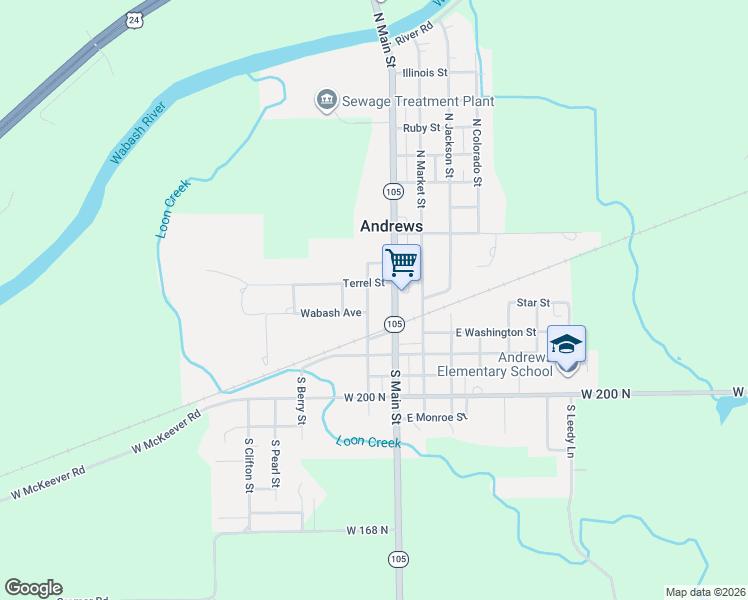 map of restaurants, bars, coffee shops, grocery stores, and more near 148 North Main Street in Andrews
