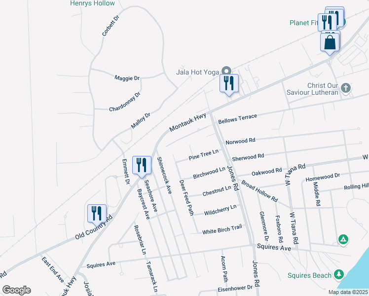 map of restaurants, bars, coffee shops, grocery stores, and more near 3 Deer Feed Path in East Quogue