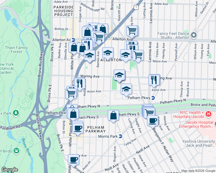 map of restaurants, bars, coffee shops, grocery stores, and more near 2311 Bronxwood Avenue in Bronx