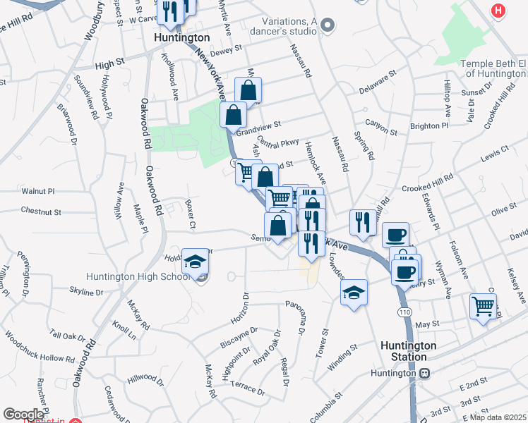 map of restaurants, bars, coffee shops, grocery stores, and more near 755 New York Avenue in Huntington