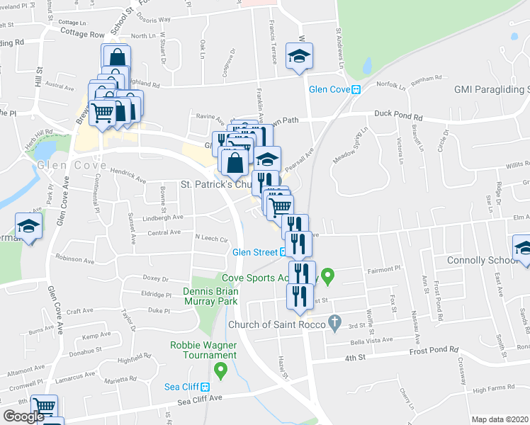 map of restaurants, bars, coffee shops, grocery stores, and more near 31 Selina Court in Glen Cove