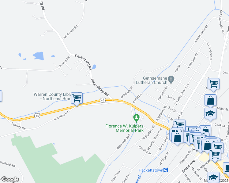 map of restaurants, bars, coffee shops, grocery stores, and more near 2 Petersburg Road in Hackettstown