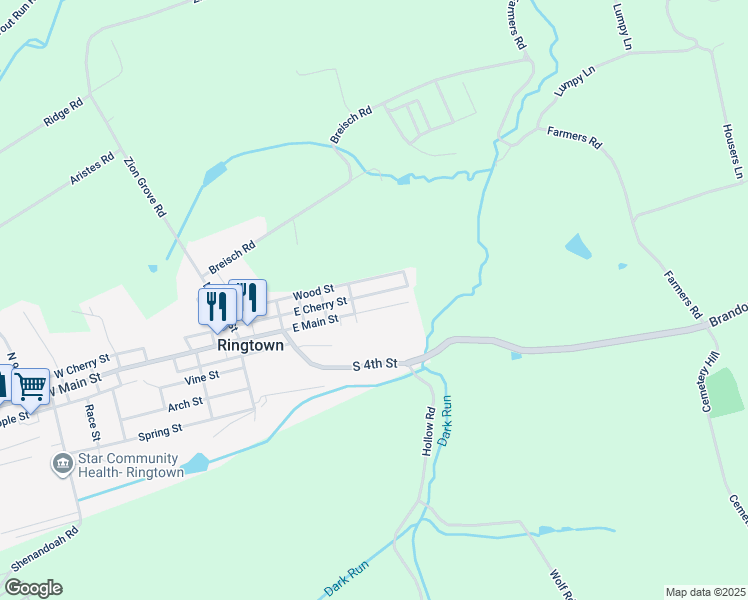 map of restaurants, bars, coffee shops, grocery stores, and more near 201 East Main Street in Ringtown