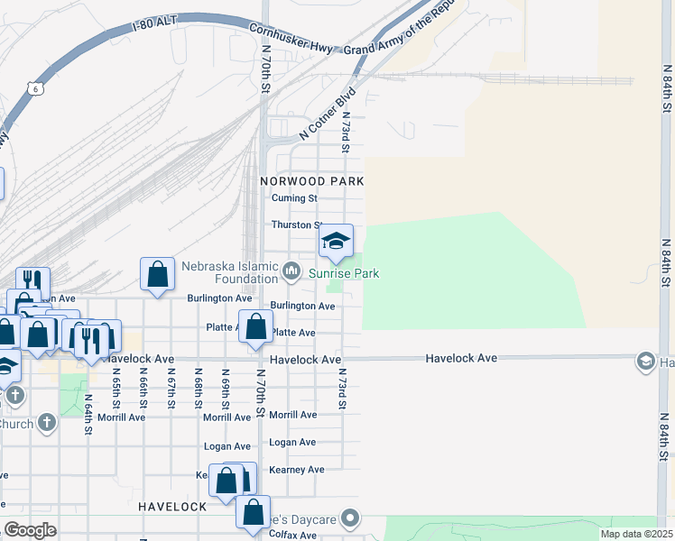 map of restaurants, bars, coffee shops, grocery stores, and more near 4710 North 72nd Street in Lincoln