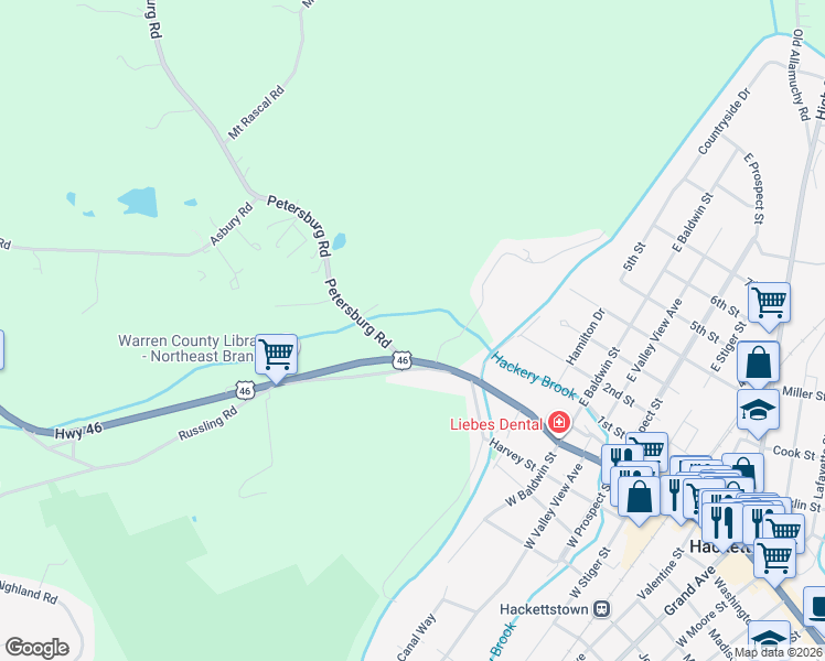 map of restaurants, bars, coffee shops, grocery stores, and more near 2 Petersburg Road in Hackettstown