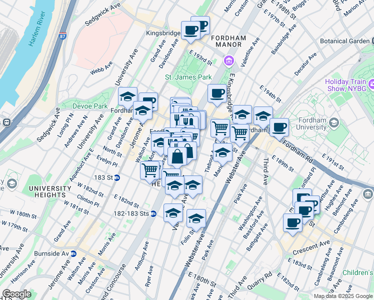 map of restaurants, bars, coffee shops, grocery stores, and more near 250 East 187th Street in Bronx
