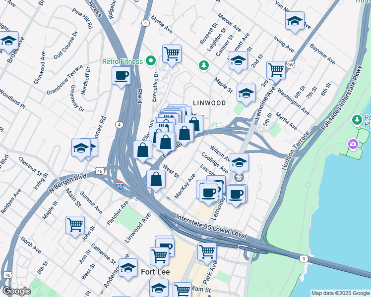 map of restaurants, bars, coffee shops, grocery stores, and more near 2200 Fletcher Avenue in Fort Lee