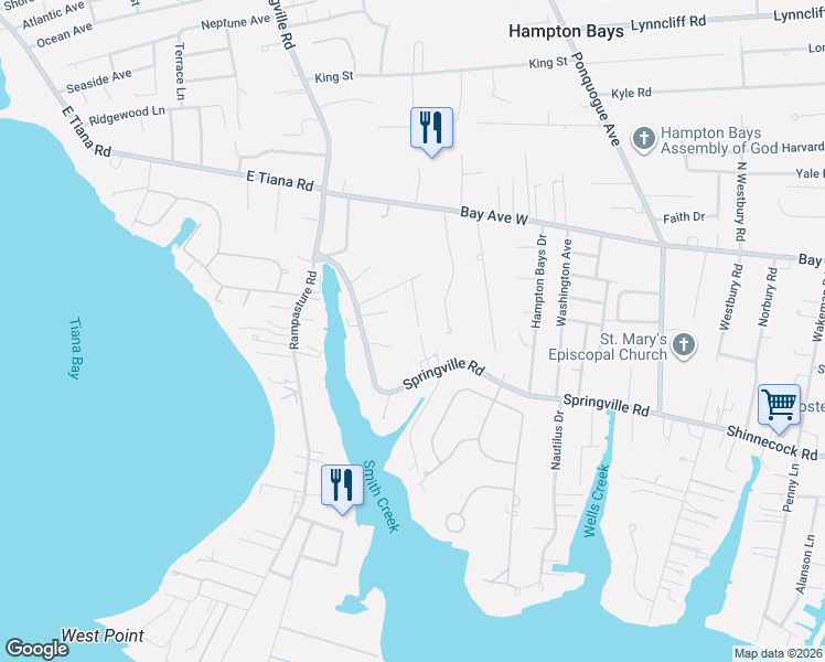 map of restaurants, bars, coffee shops, grocery stores, and more near 16 Coolidge Road in Hampton Bays