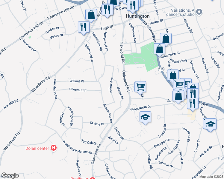 map of restaurants, bars, coffee shops, grocery stores, and more near 92 Willow Avenue in Huntington