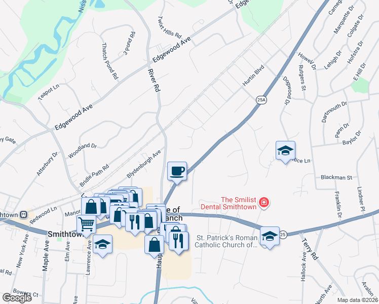map of restaurants, bars, coffee shops, grocery stores, and more near 11 Kent Place in Smithtown