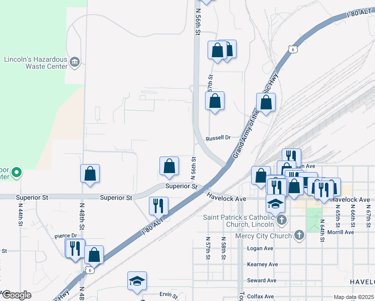 map of restaurants, bars, coffee shops, grocery stores, and more near 5540 Douglas Court in Lincoln
