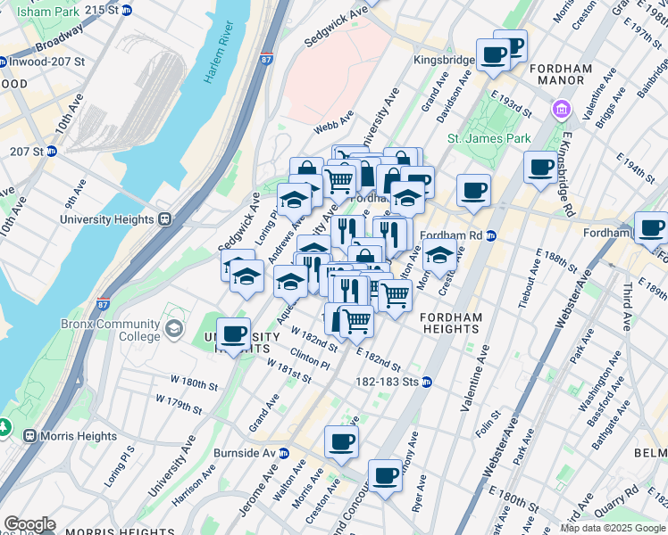 map of restaurants, bars, coffee shops, grocery stores, and more near 2305 Grand Avenue in Bronx