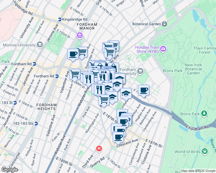 map of restaurants, bars, coffee shops, grocery stores, and more near One Fordham Plaza in The Bronx