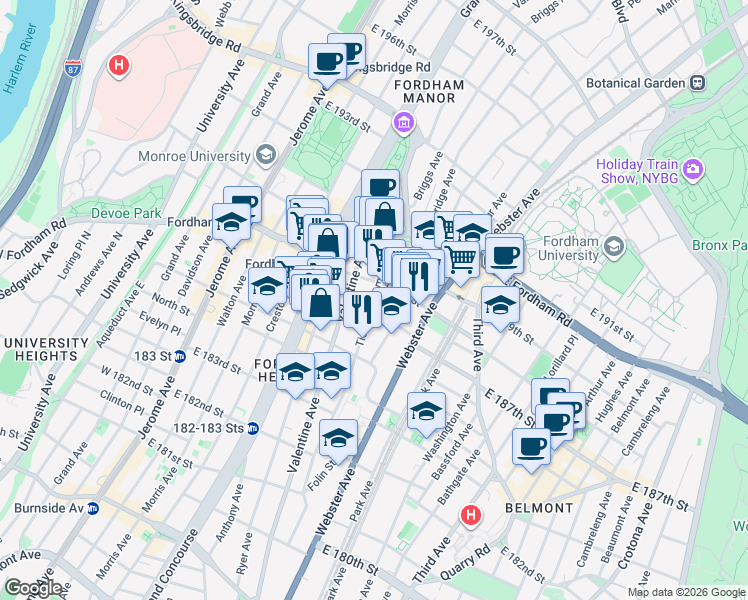 map of restaurants, bars, coffee shops, grocery stores, and more near in The Bronx
