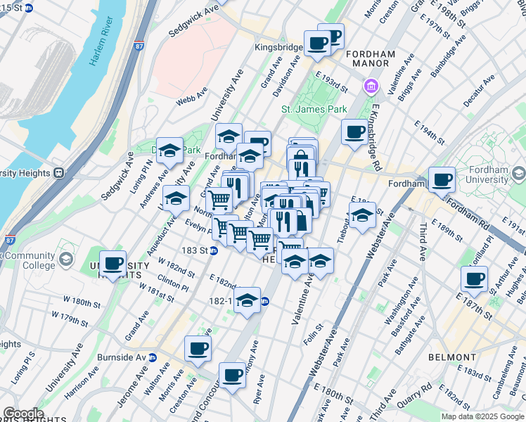 map of restaurants, bars, coffee shops, grocery stores, and more near in The Bronx