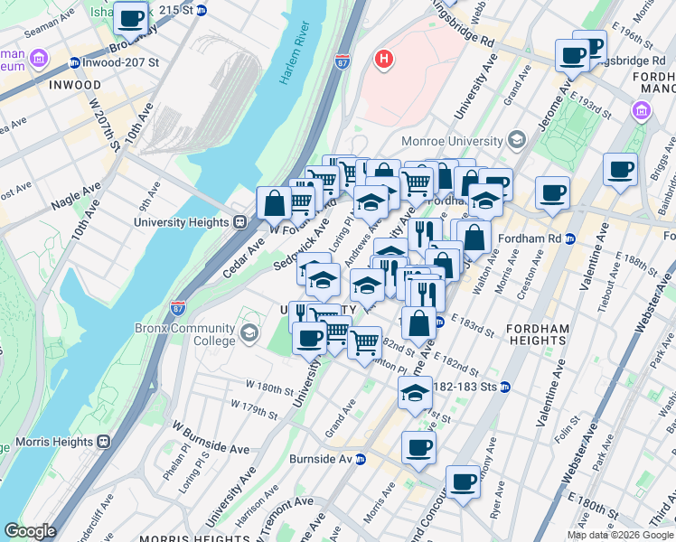 map of restaurants, bars, coffee shops, grocery stores, and more near in The Bronx
