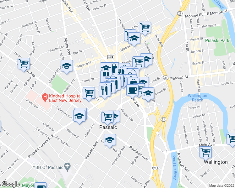 map of restaurants, bars, coffee shops, grocery stores, and more near 145 Prospect Street in Passaic