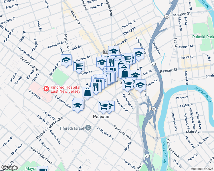 map of restaurants, bars, coffee shops, grocery stores, and more near 47 Broadway in Passaic
