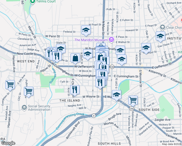 map of restaurants, bars, coffee shops, grocery stores, and more near 210 Pennsylvania 356 in Butler