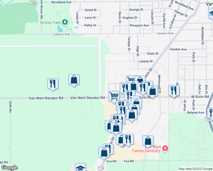 map of restaurants, bars, coffee shops, grocery stores, and more near 1006 Pearson Street in Van Wert