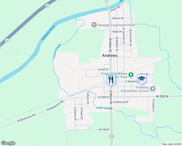 map of restaurants, bars, coffee shops, grocery stores, and more near 450 Wabash Avenue in Andrews