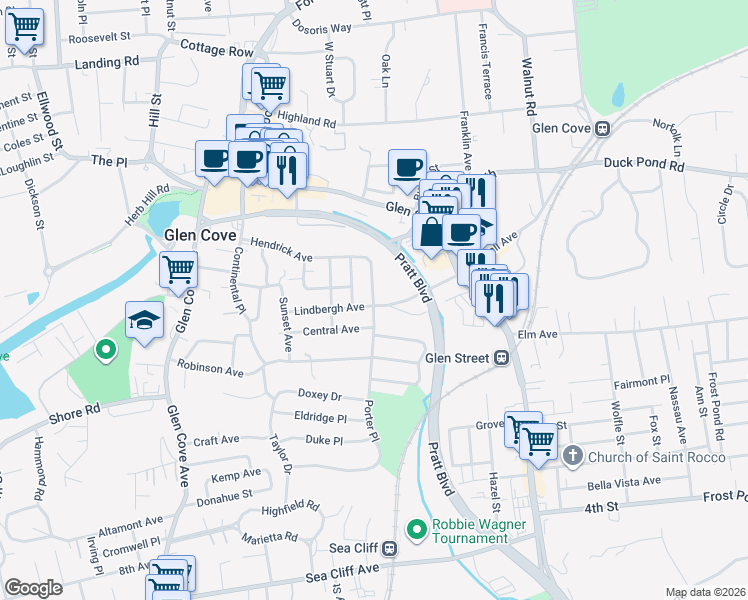 map of restaurants, bars, coffee shops, grocery stores, and more near 69 Hendrick Avenue in Glen Cove