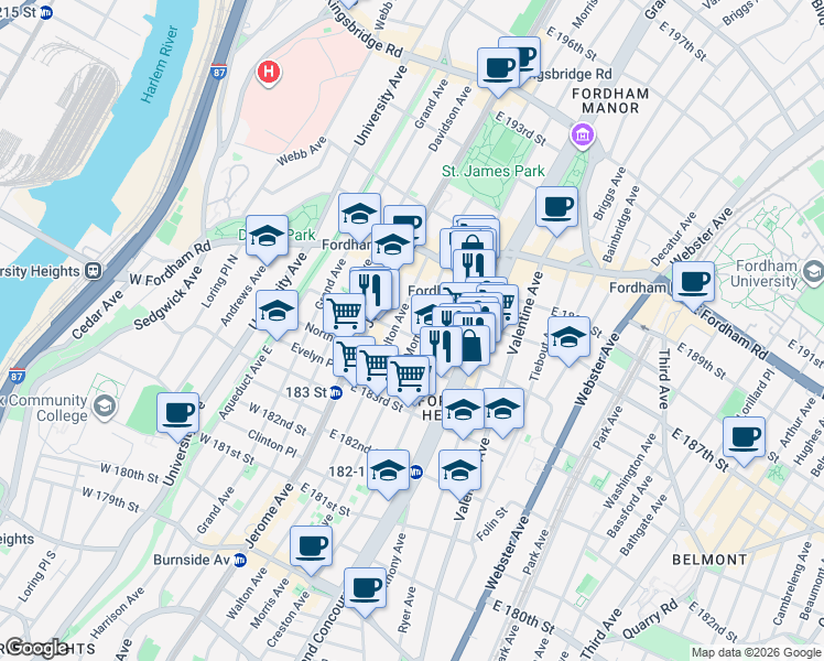 map of restaurants, bars, coffee shops, grocery stores, and more near in The Bronx