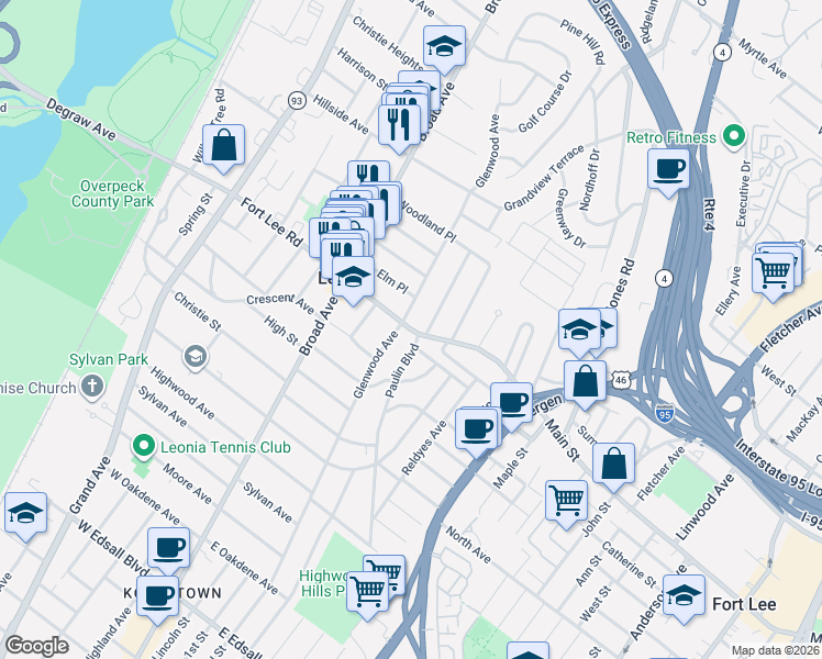 map of restaurants, bars, coffee shops, grocery stores, and more near 199 Glenwood Avenue in Leonia