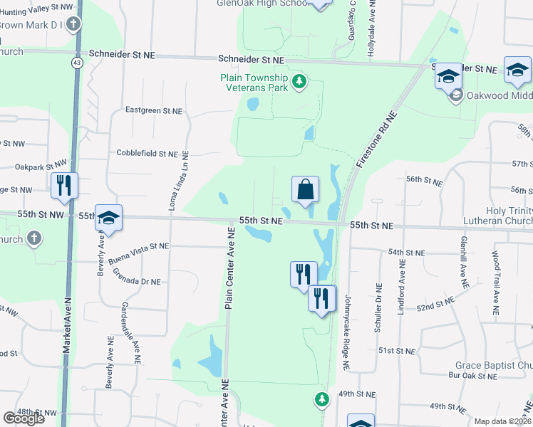 map of restaurants, bars, coffee shops, grocery stores, and more near 1635 55th Street Northeast in Canton