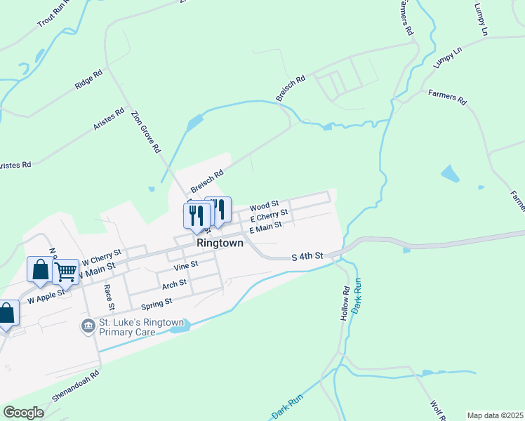 map of restaurants, bars, coffee shops, grocery stores, and more near 138 Wood Street in Ringtown