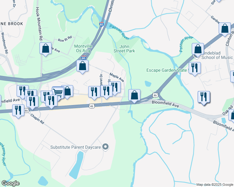 map of restaurants, bars, coffee shops, grocery stores, and more near 82 Bloomfield Avenue in Montville