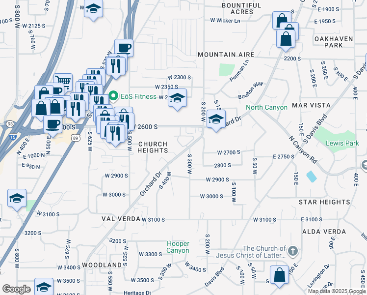 map of restaurants, bars, coffee shops, grocery stores, and more near 2722 Orchard Drive in Bountiful