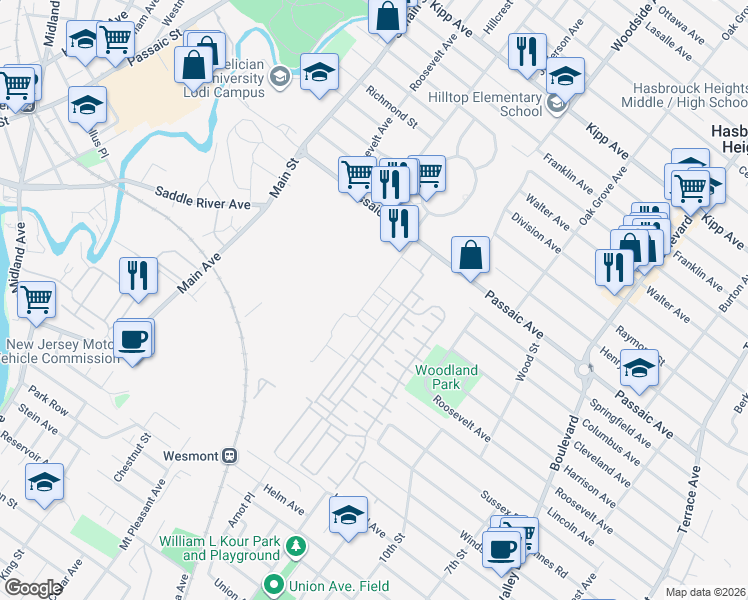map of restaurants, bars, coffee shops, grocery stores, and more near 26 Veterans Drive in Wood-Ridge