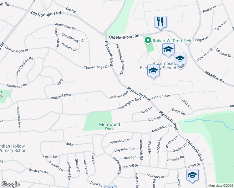 map of restaurants, bars, coffee shops, grocery stores, and more near 107 Wichard Boulevard in Commack