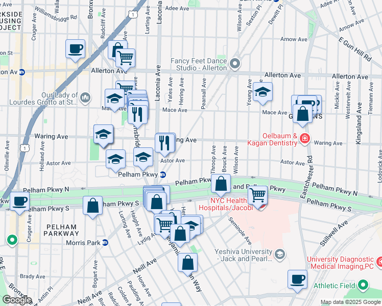 map of restaurants, bars, coffee shops, grocery stores, and more near 1219 Astor Avenue in Bronx