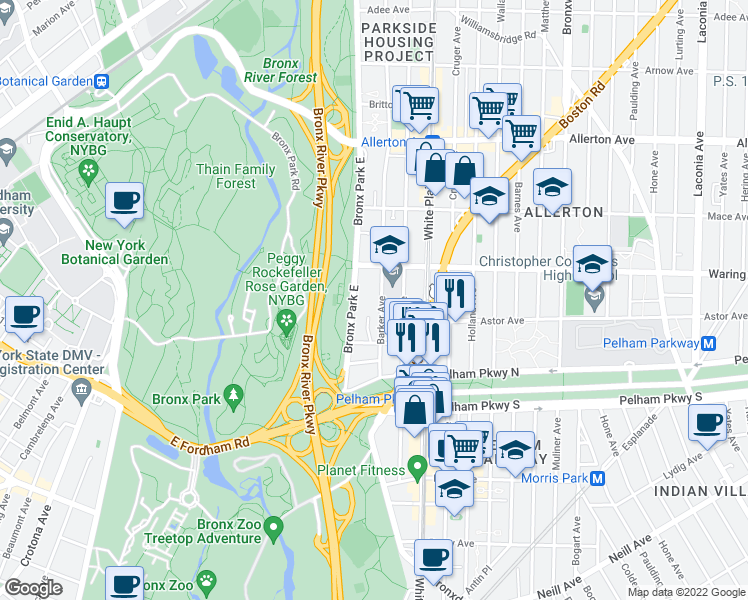 map of restaurants, bars, coffee shops, grocery stores, and more near 2292 Bronx Park East in Bronx