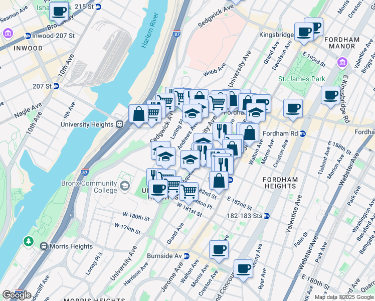 map of restaurants, bars, coffee shops, grocery stores, and more near 2253 Doctor Martin Luther King Junior Boulevard in The Bronx