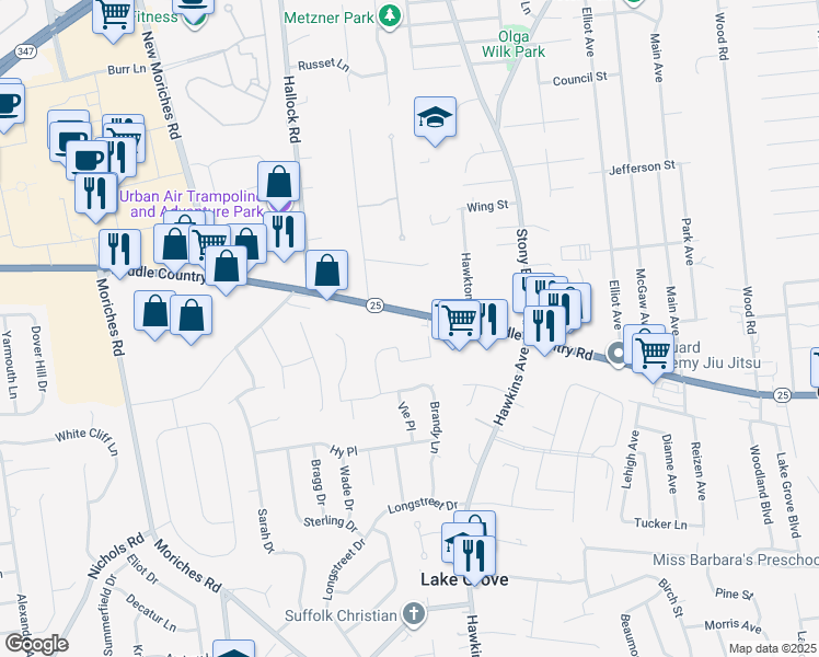 map of restaurants, bars, coffee shops, grocery stores, and more near in Lake Grove
