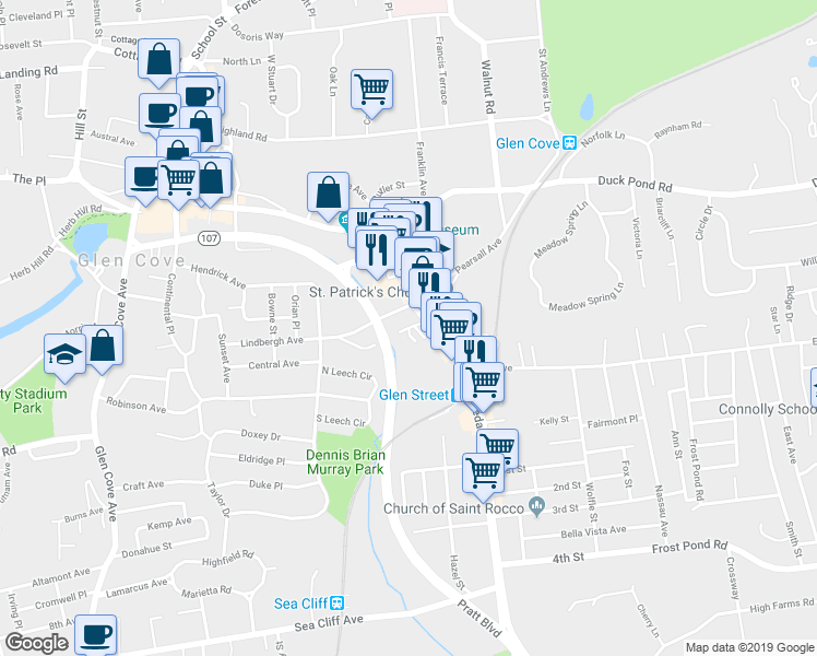 map of restaurants, bars, coffee shops, grocery stores, and more near 1 Vanderbilt Lane in Glen Cove