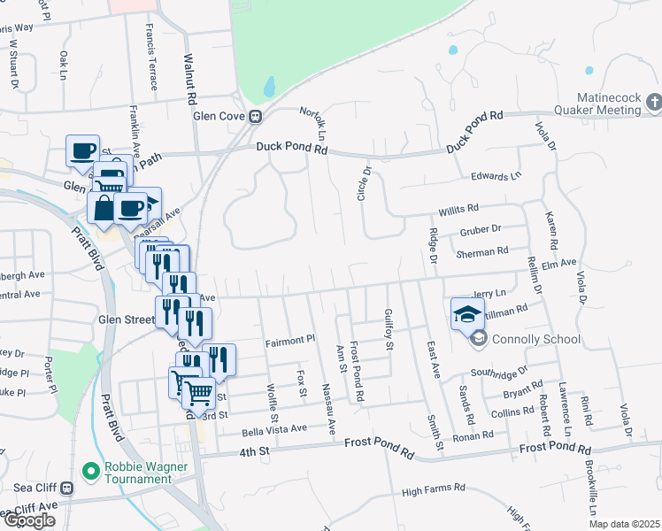 map of restaurants, bars, coffee shops, grocery stores, and more near 8 Caruso Court in Glen Cove