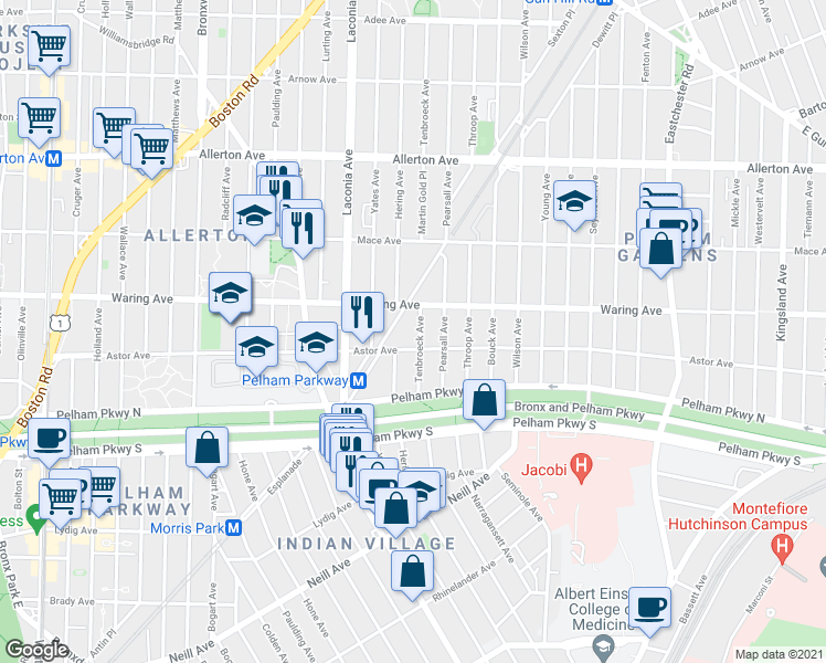 map of restaurants, bars, coffee shops, grocery stores, and more near 2310 Esplanade in The Bronx